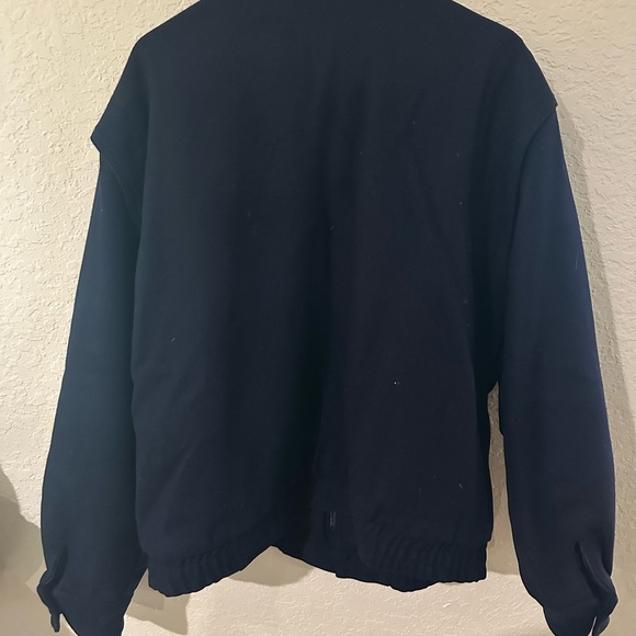 90s Lord & Taylor Mens MD Navy Wool Coat Bomber Jacket Leather Collar - Picture 4 of 10